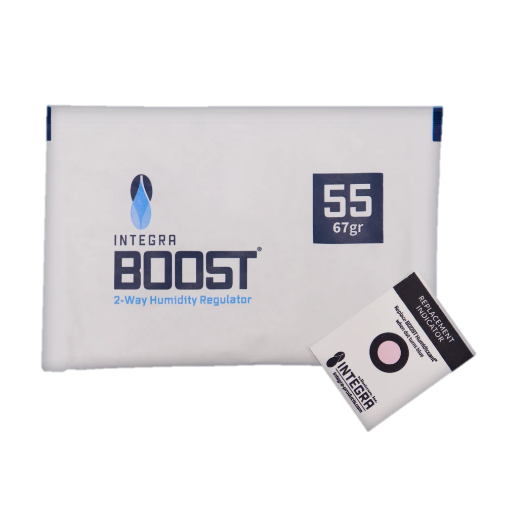 Desiccare Integra BOOST® 67 gram size 2-way humidity control packs are available in 55% RH styles and are FDA-compliant, 99% biodegradable, non-toxic and salt free. Includes humidity indicator cards; individually overwrapped