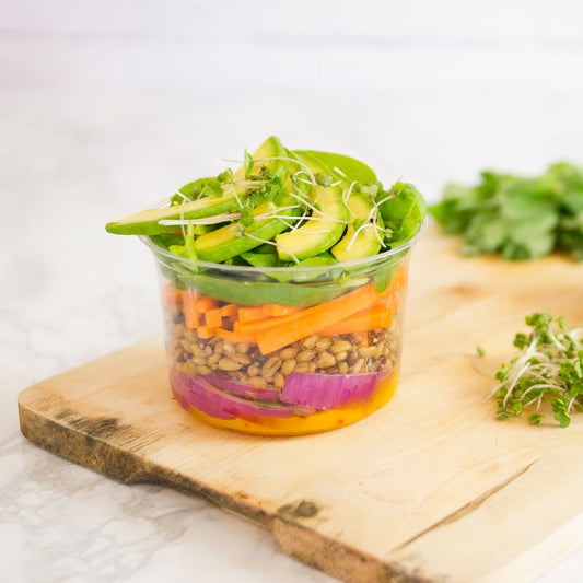 Vegware™ commercially compostable clear round 16-oz deli containers are made from plant based PLA -an eco-friendly plastic alternative that's independently certified to break down in 12 weeks.