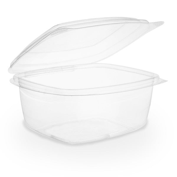 Vegware™ commercially compostable clear rectangular 16-oz hinged deli containers with snap lids are made from plant-based PLA -an eco-friendly plastic alternative independently certified to break down in 12 weeks.