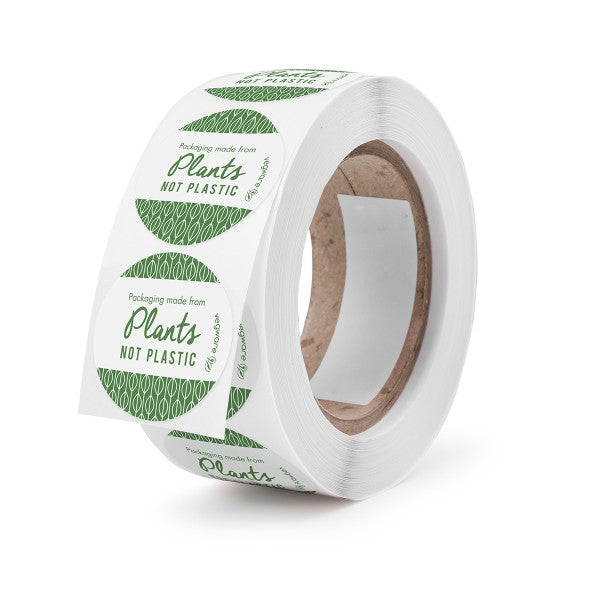 Vegware™ 1.7-inch round compostable eco stickers are available in two designs and made with compostable adhesive. Adhere to bags, containers or cups to shout about your packaging's eco credentials.
