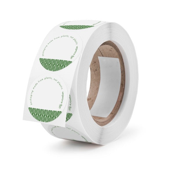 Vegware™ 1.7-inch round compostable eco stickers are available in two designs and made with compostable adhesive. Adhere to bags, containers or cups to shout about your packaging's eco credentials.