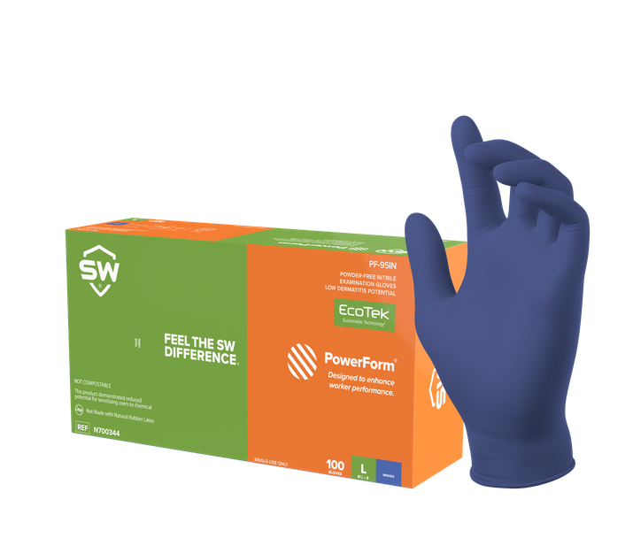 SW® Sustainability Solutions PF-95IN PowerForm® EcoTek® Nitrile Exam Gloves feature a proprietary glove formula that accelerates breakdown in landfill without any performance loss.