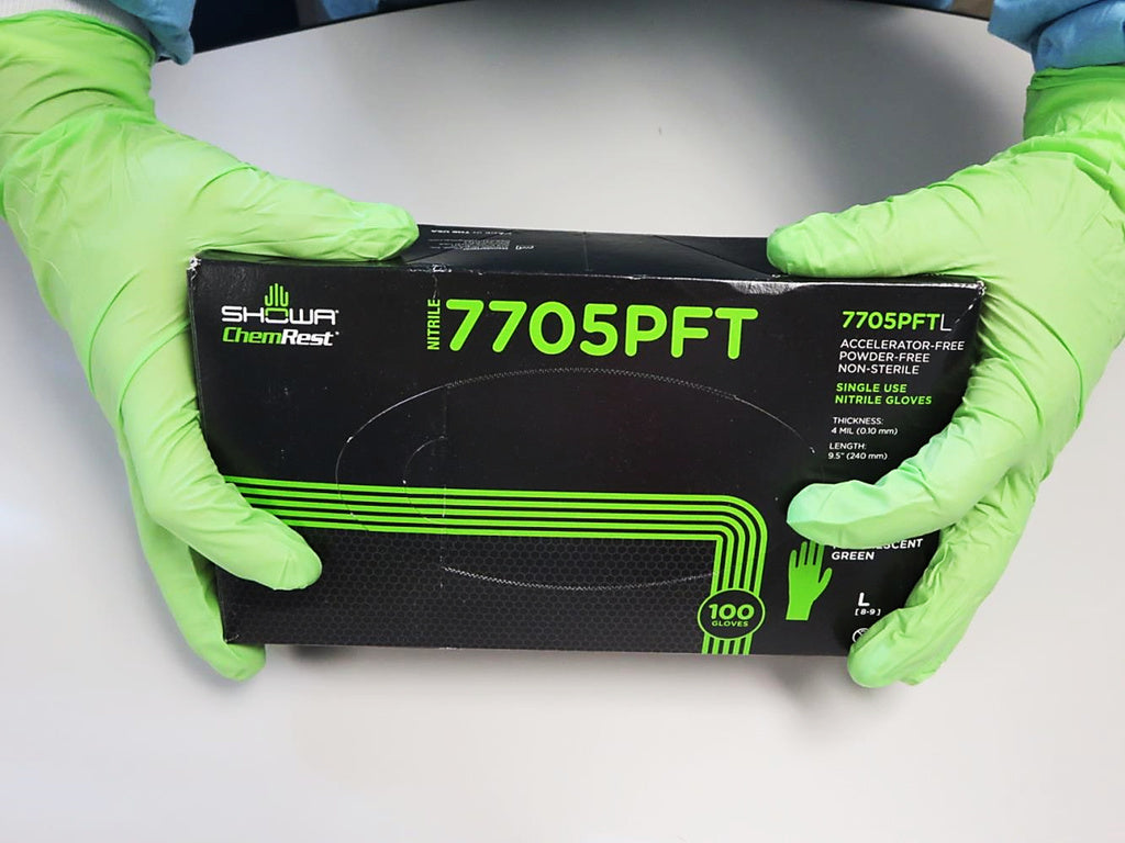 These skin-friendly GreenCircle® certified Showa® 7705PFT Accelerator-Free Hi-Viz Single-Use Latex-Free 4-mil Nitrile Gloves with EBT (Eco-Best Technology®) come in  eco-dispenser boxes