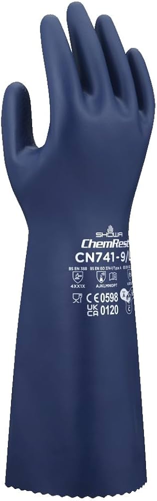 These biodegradable Showa® CN741 15-inch 15-mil reusable chemical-resistant nitrile gloves with EBT (Eco-Best Technology®) and innovative flocking particles are FDA food compliant.
