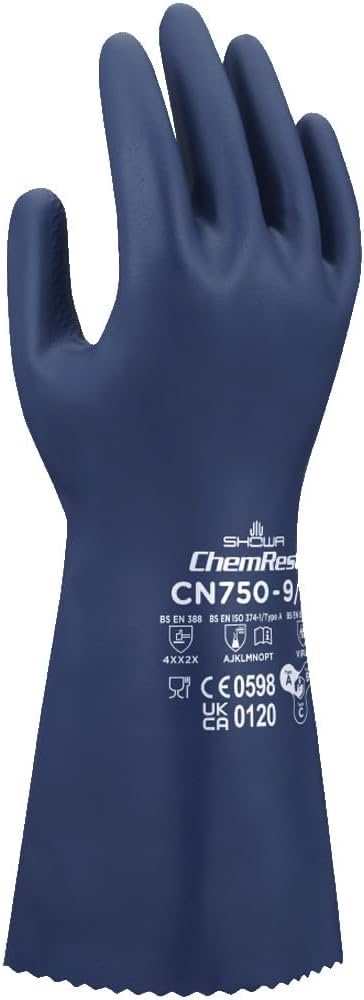 These biodegradable Showa® CN750 13-inch 18-mil reusable chemical-resistant nitrile gloves with EBT (Eco-Best Technology®) and innovative flocking particles are FDA food compliant.
