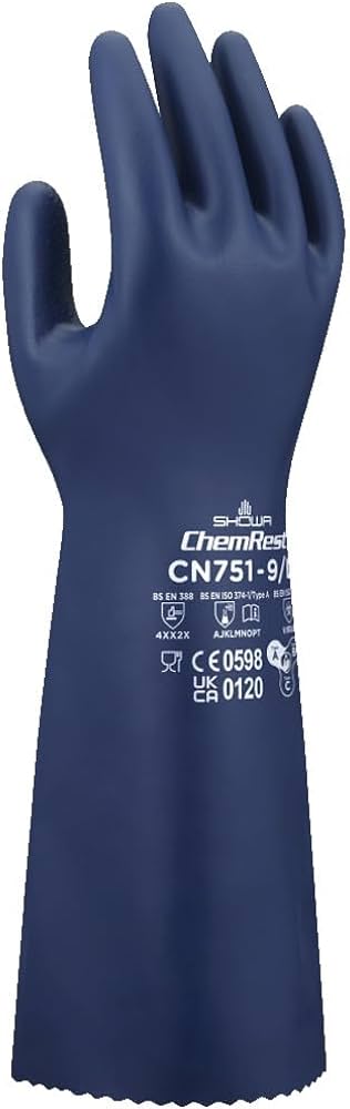 These biodegradable Showa® CN751 15-inch 18-mil reusable chemical-resistant nitrile gloves with EBT (Eco-Best Technology®) and innovative flocking particles are FDA food compliant.