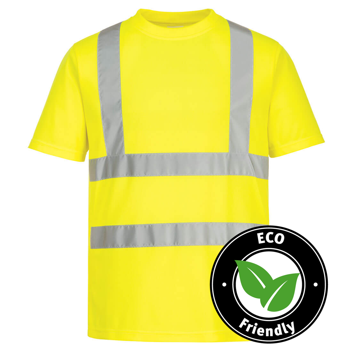 Portwest® Planet EC12 ECO Class 2 Hi-Viz Yellow Short Sleeve Work T-Shirts with reflective tape are made with recycled polyester & P.E.T. fibers