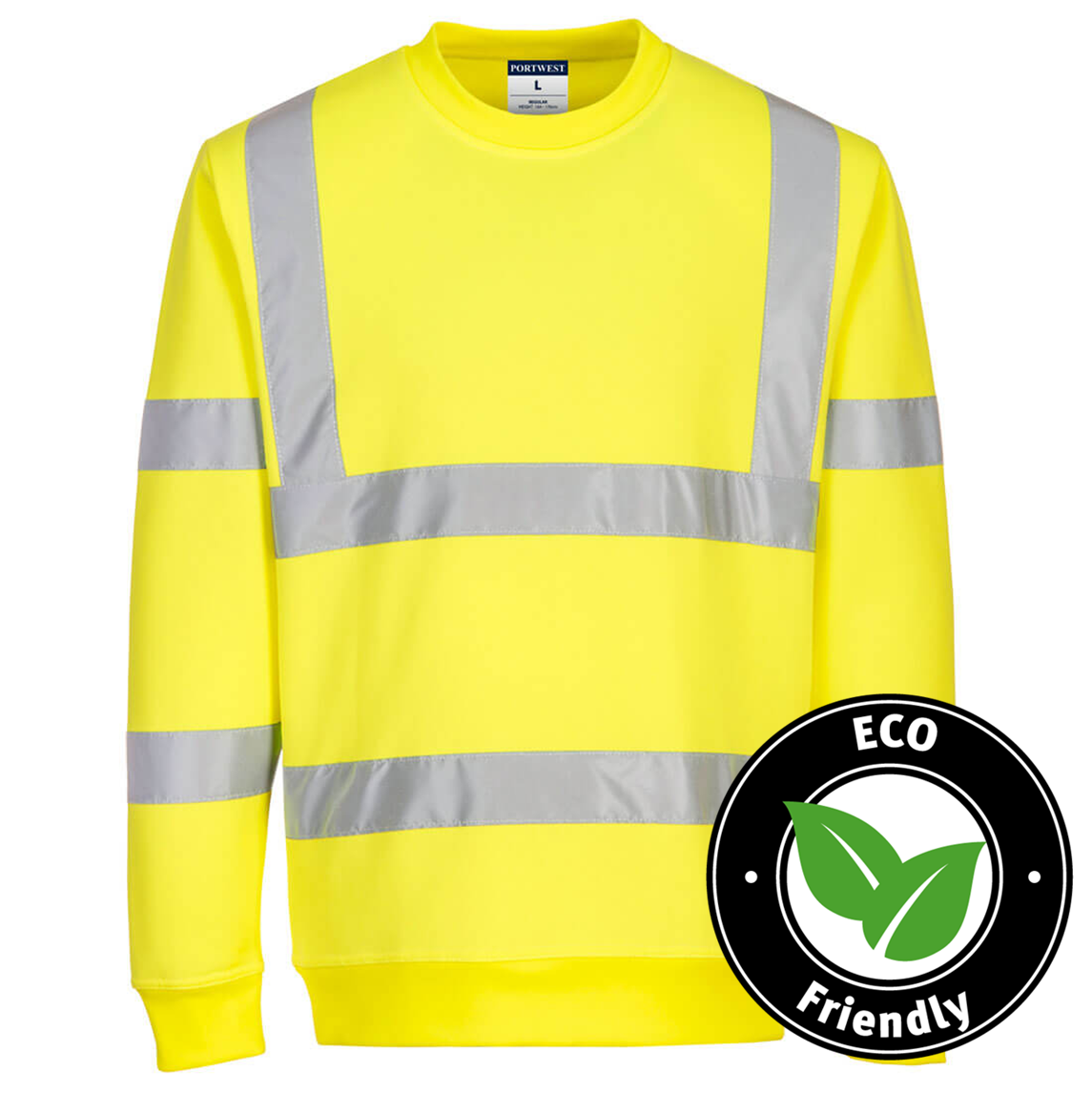 Portwest® Planet EC13 ECO Hi-Vis Yellow Sweatshirts with reflective tape are made with environmentally friendly recycled polyester and P.E.T. fibers certified to ANSI/ISEA 107 after 50x washes.
