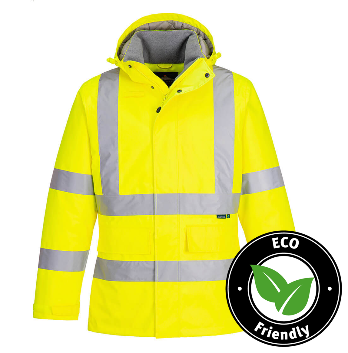 Portwest® Planet EC60 ECO Hi-Vis Yellow Winter Jackets are made with environmentally friendly recycled polyester and features reflective tape, detachable lined hood, mic tabs, drawcord, internal pocket and water resistant fabric finish.