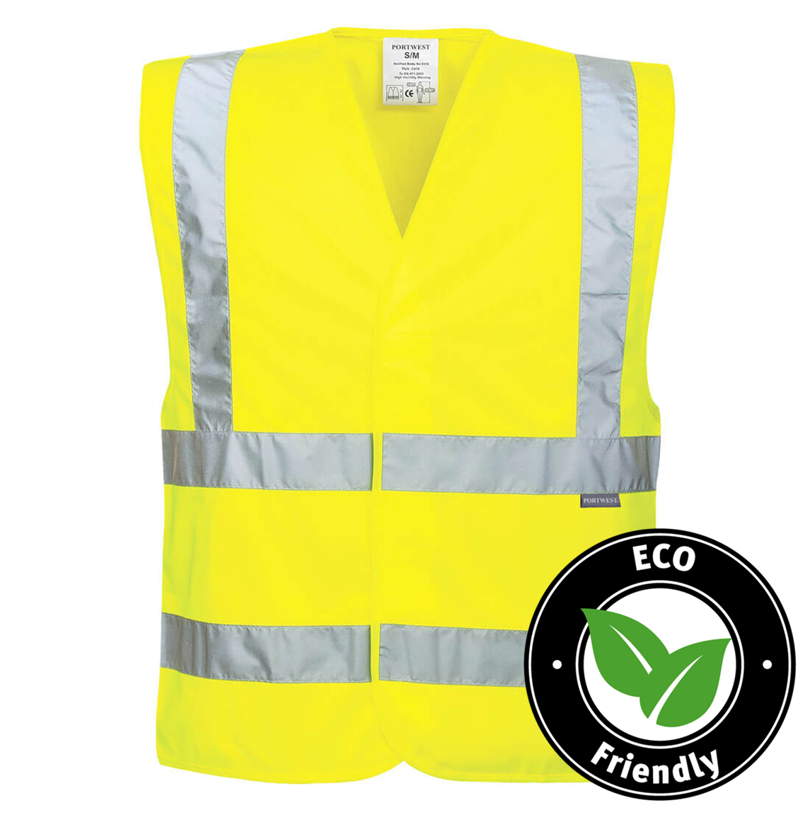 Portwest® Planet EC76 ECO Hi-Viz Yellow Safety Vests with reflective tape are made with recycled polyester and P.E.T. fibers certified to ANSI/ISEA 107 after 50x washes.