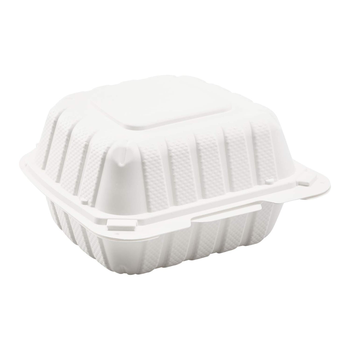 Emerald 6-in x 6-in x 3-in White Hinged 1-Compartment Clamshell Food Containers are constructed with up to 40% mineral content and are a great eco-friendly alternative to styrofoam or other plastic style take-out food containers