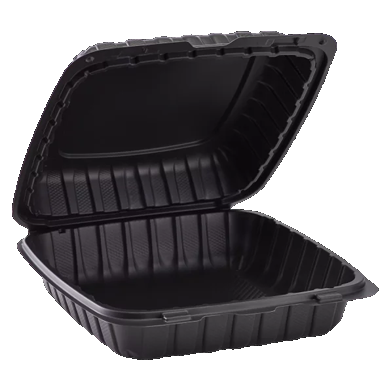 Emerald 8-in x 8-in x 3-in Black Hinged 1-Compartment Clamshell Food Containers are constructed with up to 40% mineral content and are a great eco-friendly alternative to styrofoam or other plastic style take-out food containers.