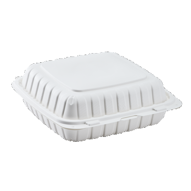 8833W Emerald Mineral Filled Hinged Food Containers, 8-in x 8-in x-3-in, 3 Compartment White