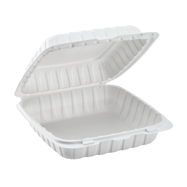 9931W Emerald White Mineral Filled Hinged Food Containers, 9-in x 9-in x-3-in, 1 Compartment (150ct)