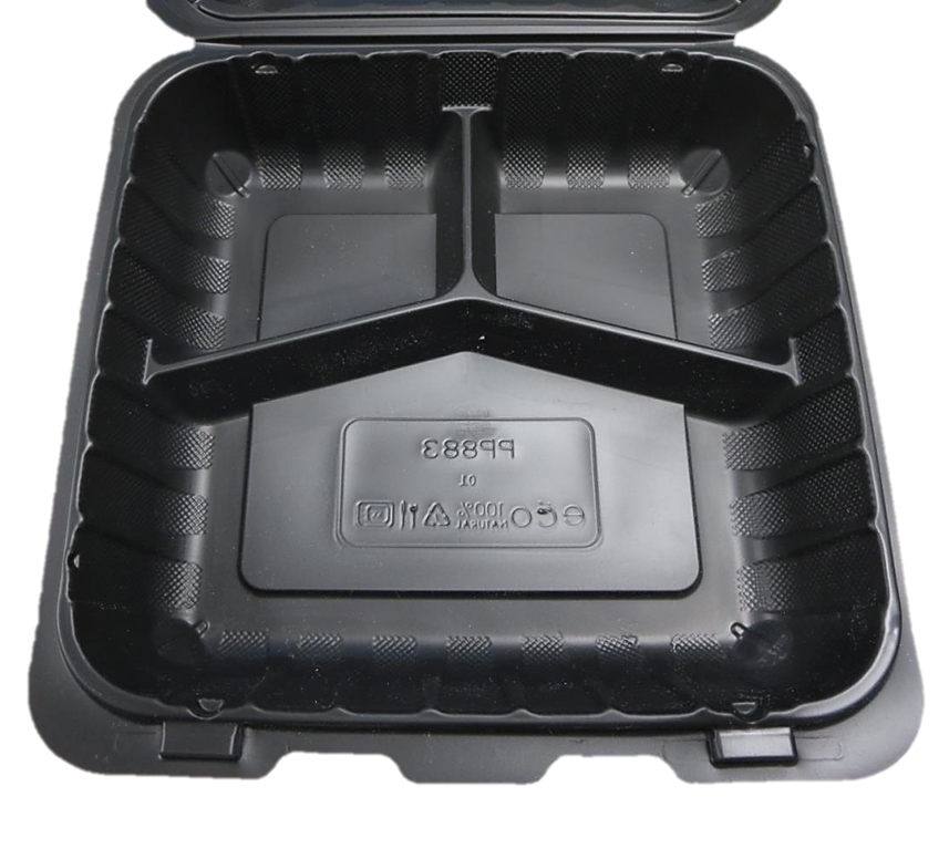 9933B Emerald Black Mineral Filled Hinged Food Containers, 9-in x 9-in x-3-in, 3 Compartment (150ct)