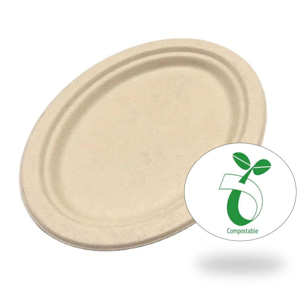 Reduce landfill with these premium biodegradable 10-inch x 7-inch Oval Bagasse Molded Plates constructed with sugarcane fibers.