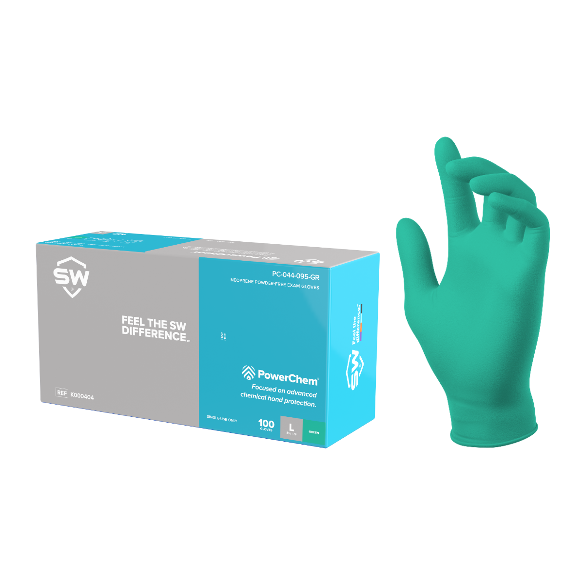 SW® PowerChem® PC-045-095GR Powder-Free Neoprene Single-Use Gloves, 3.5-mil, 100ct