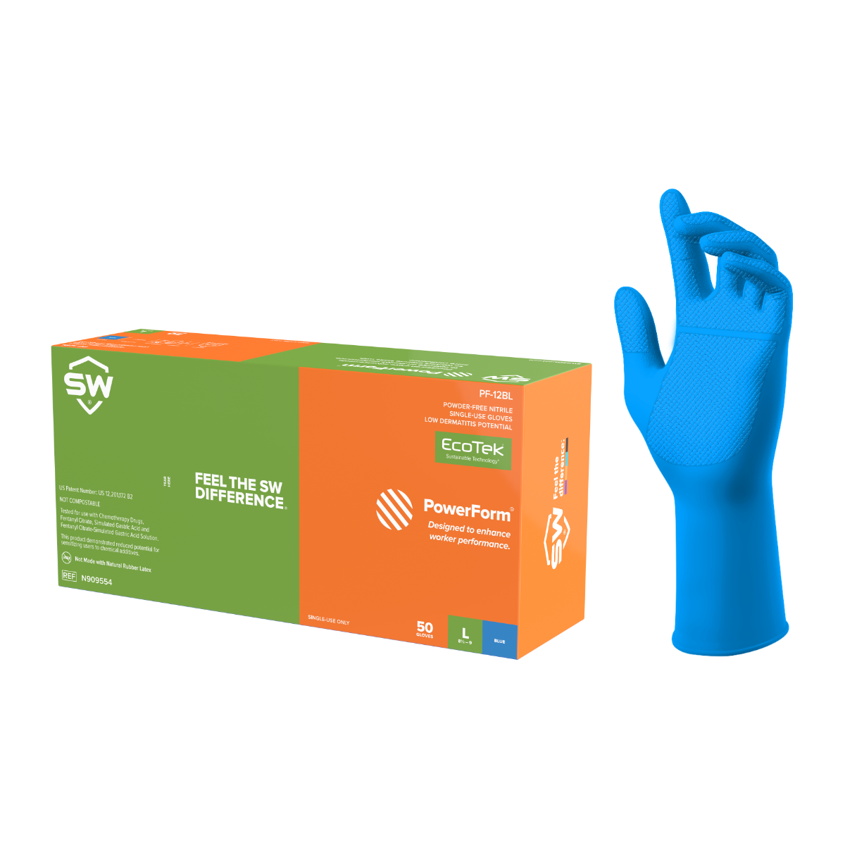 SW® PowerForm® PF-12BL Powder-Free EcoTek® Sustainable Nitrile Extended-Cuff Examination Gloves, 12", 50ct