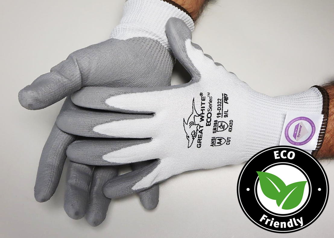 Great White® G-Tek ECOSeries 19-D322 PU Coated Dyneema® Diamond A4 Seamless Knit Cut-Resistant Work Gloves utilizes Bio-Based Fibers From P.E.T. Water Bottles