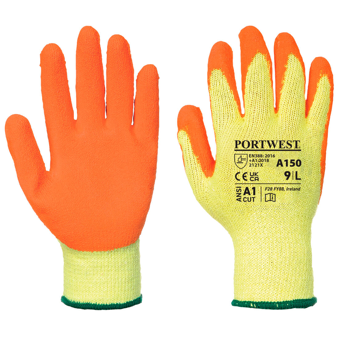 These highly breathable Portwest® A150 Hi-Vis Industrial Work Gloves feature a 10-gauge breathable seamless string knit glove constructed with environmentally recycled yarn and with contrasting crinkle latex coated palms for unmatched grip and enhanced signaling.