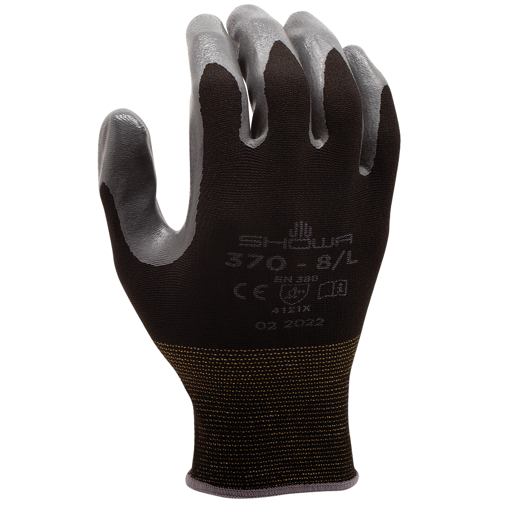 SHOWA® ATLAS® 370B Nitrile Palm-Dipped Grip Glove, Black/Grey, Lint-Free
