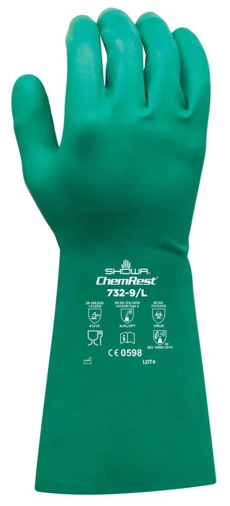 SHOWA 732 Chemical Resistant Nitrile Gloves, Diamond Grip, Flock Lined, 15-mil