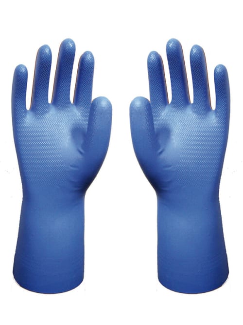 These TAA compliant, GreenCircle certified FDA food compliant Showa® 707FL 12-inch 11-mil flocked-lined chemical-resistant nitrile gloves with EBT (Eco-Best Technology®) provide chemical protection against solvents, oil, hydrocarbons.