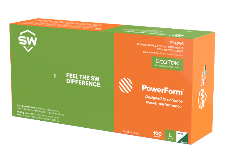 SW® Sustainability Solutions PF-12WG powder-free Nitrile Extended-Cuff Nitrile Examination Gloves with EcoTek Sustainable Technology, pH Natural, Energel and Breach Alert
