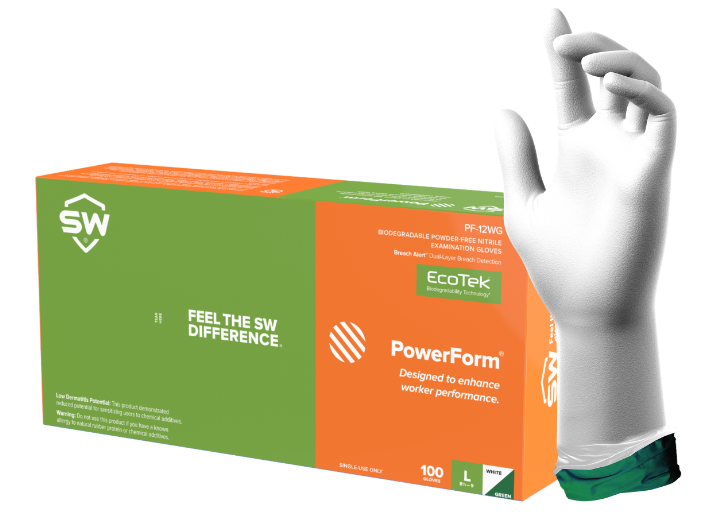 SW® Sustainability Solutions PF-12WG powder-free Nitrile Extended-Cuff Nitrile Examination Gloves with EcoTek Sustainable Technology, pH Natural, Energel and Breach Alert
