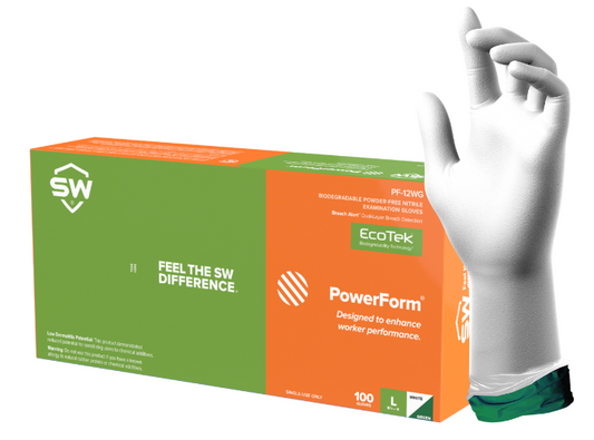 SW Sustainable Solutions PF-12WG powder-free Nitrile Extended-Cuff Nitrile Examination Gloves  with EcoTek Sustainable Technology, pH Natural, Energel and Breach Alert