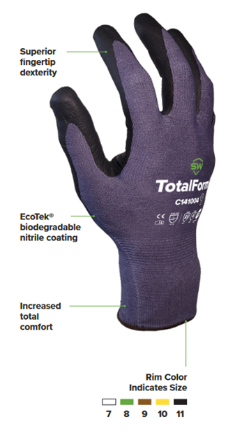 SW® Sustainability Solutions TotalForm® TF-14BK Bio-Based Nitrile Coated A1 Work Glove product features
