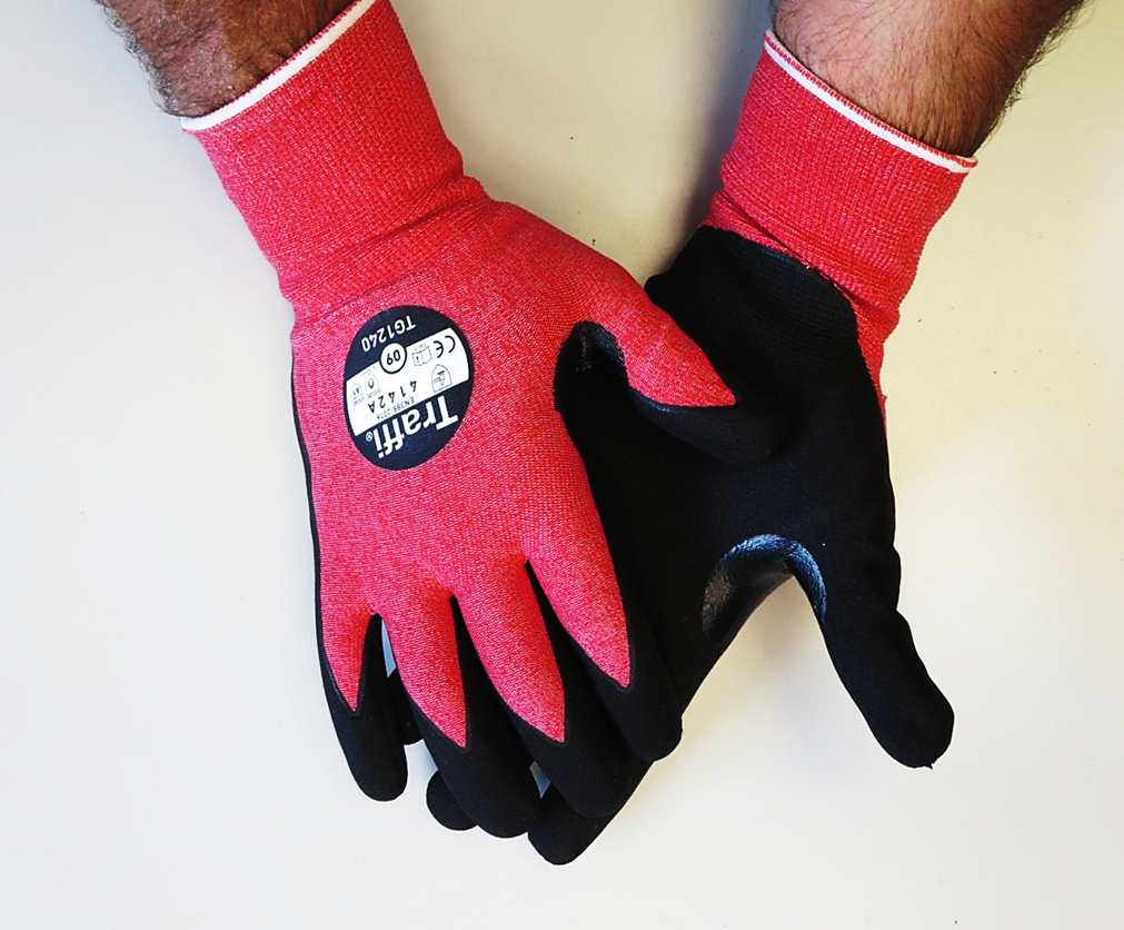 Traffi® TG1240 MicroDex LXT® Nitrile Coated Cut Level A1 Red 15-gauge Safety Gloves are Carbon Neutral Certified, repels water and oil while providing hot contact resistance up to 212°F/100°C.