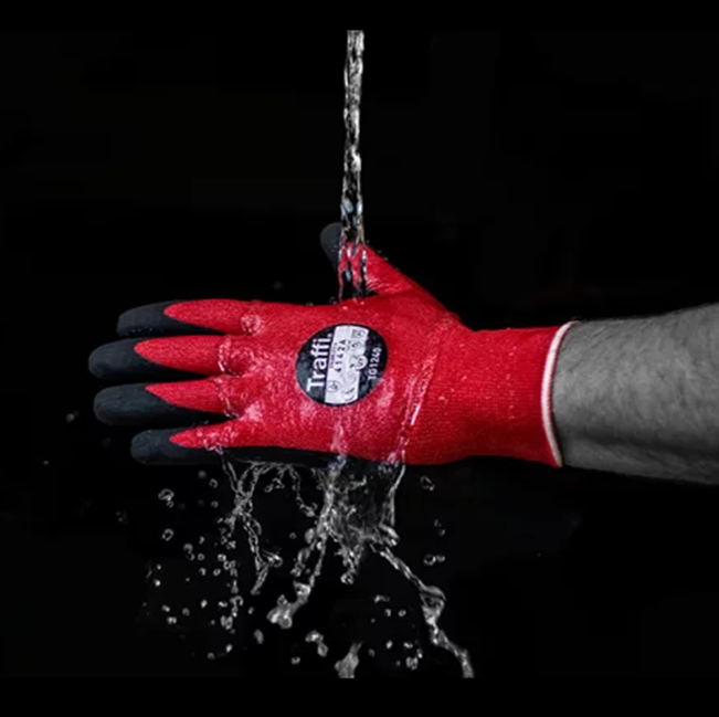 Traffi® TG1240 MicroDex LXT® Nitrile Coated Cut Level A1 Red 15-gauge Safety Gloves are Carbon Neutral Certified, repels water and oil while providing hot contact resistance up to 212°F/100°C.