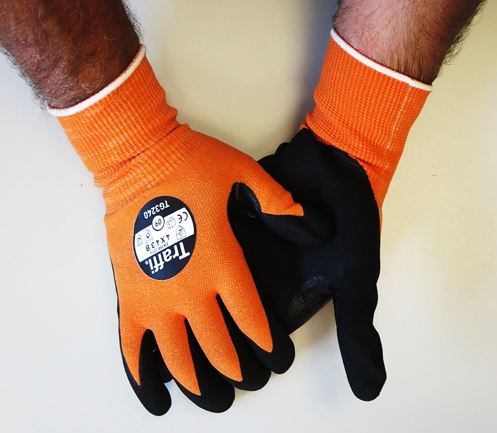 This Eco-friendly Traffi® TG3240 MicroDex LXT® Nitrile Coated Orange 15-gauge Cut Level A2 Safety Gloves are Carbon Neutral Certified, repels water and oil while providing hot contact resistance.