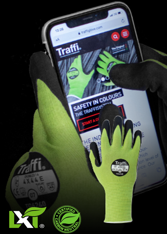 This Eco-friendly Traffi®TG6240 MicroDex LXT® Nitrile Coated Green 15-gauge Cut Level A5 Safety Gloves are Carbon Neutral Certified, repels water and oil with touchscreen compatibility.