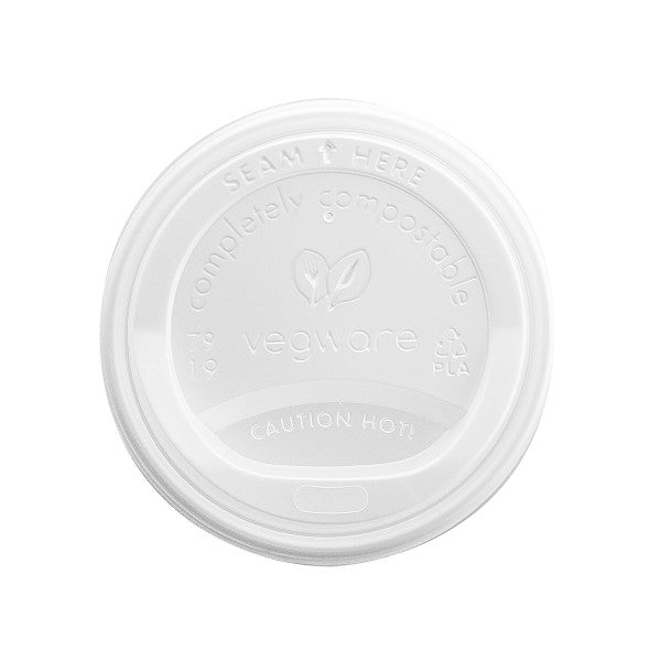 A CPLA hot cup lid. Fits 79-Series cups. A lid for hot coffees or teas to go. Made from CPLA, off-white color, embossed with Vegware messaging. Award-winning quality by Vegware, made from plants.