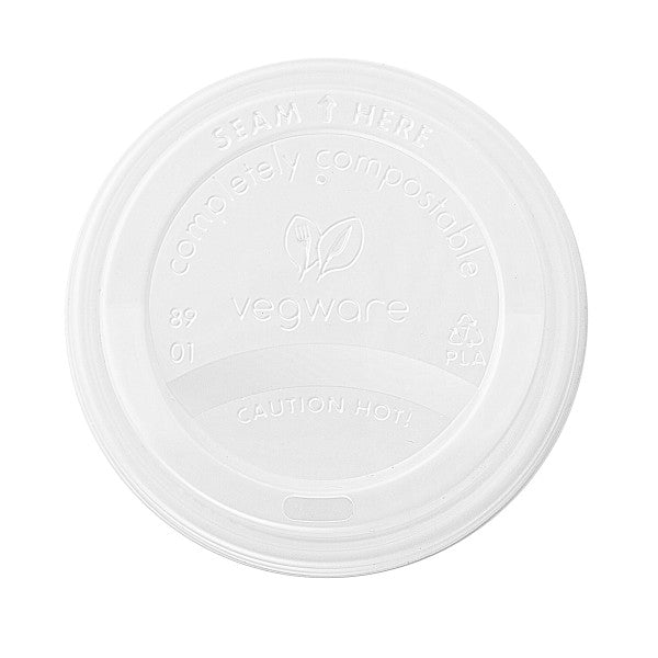A CPLA hot cup lid. Fits 89-Series cups. A lid for hot coffees or teas to go. Made from CPLA, off-white color, embossed with Vegware messaging. Award-winning quality by Vegware, made from plants.