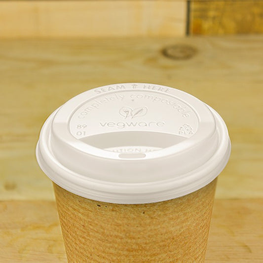 A CPLA hot cup lid. Fits 89-Series cups. A lid for hot coffees or teas to go. Made from CPLA, off-white color, embossed with Vegware messaging. Award-winning quality by Vegware, made from plants.