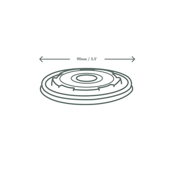Flat lid for Vegware's 90-Series soup containers. A practical no-hole lid for hot oatmeal, soups, or stews made from CPLA, a renewable material made from plants.