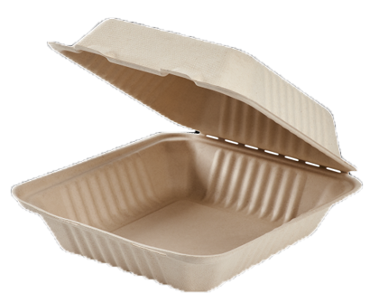 Reduce landfill with these compostable 1-compartment 8-in x 8-in x 3-in Bagasse Hinged Clamshell Food Containers constructed with reclaimed sugarcane.