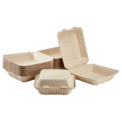 Reduce landfill with these compostable 1-compartment 6-in x 6-in x 3-in Bagasse Hinged Clam Shell Food Containers constructed with reclaimed sugarcane.