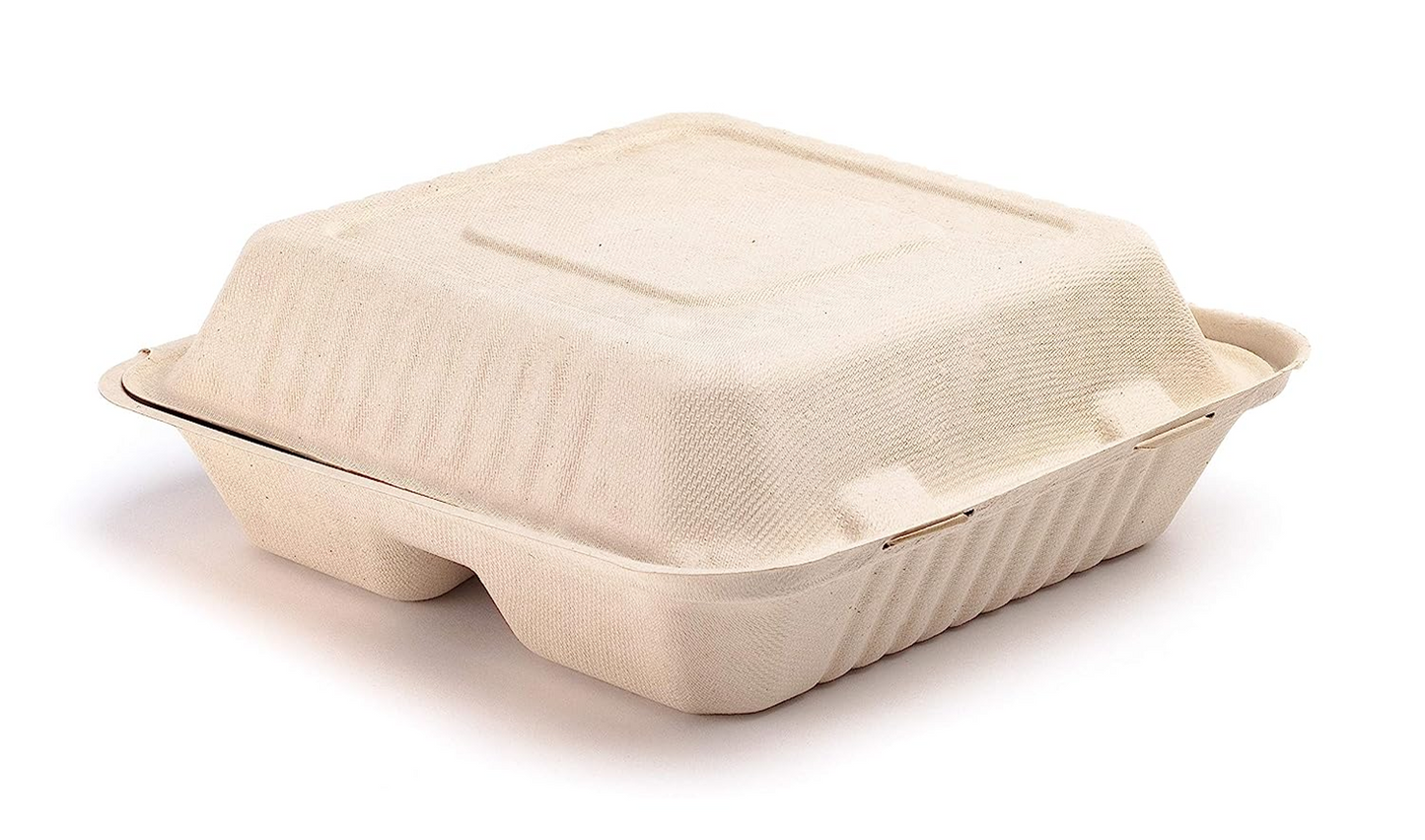 Reduce landfill with these compostable 3-compartment 8-in x 8-in x 3-in Bagasse Hinged Clamshell Food Containers constructed with reclaimed sugarcane.