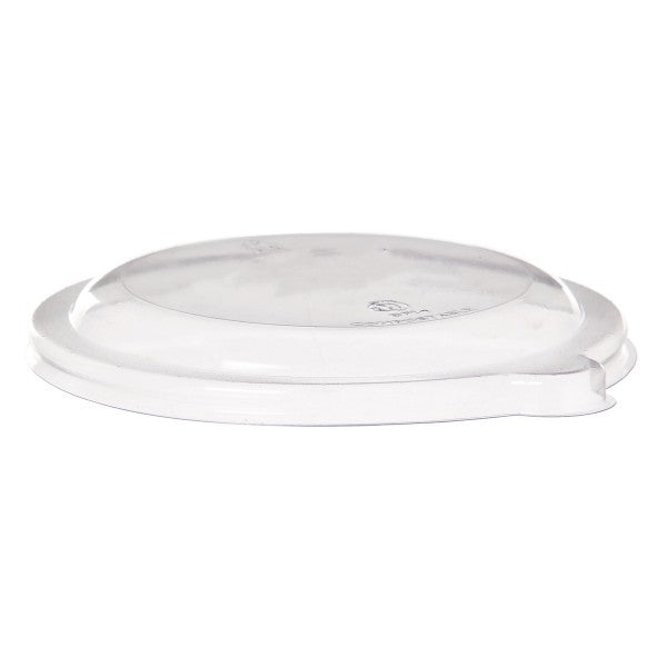 PLA lid for 6-8oz molded fiber coupe bowls. A crystal-clear flat lid that seals small coupe bowls and shows off desserts and sides in the grab-and-go case.