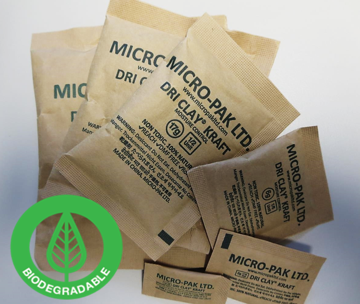 Micro-Pak® Dri Clay® Kraft All-Natural 1 Gram Clay Desiccant Packet is Biodegradable in Landfill and Outperforms Silica Gel & Calcium Chloride Moisture Absorbers