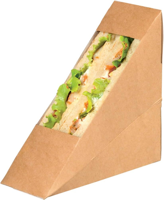  These high quality Sandwich Wedges are constructed with natural kraft board and feature a plant-based PLA window that provides great clarity. 