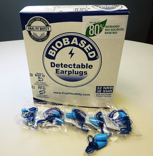 The blue color, metal detectable Food Pro Bullet™ BioSoft™ BSF-D disposable ear plug foam material provides the same fit and performance as conventional polyurethane or PVC materials, but with a lower carbon footprint. This innovative technology not only reduces emissions during manufacturing, but it contains bio-based materials making BioSoft™ more environmentally friendly at end of use