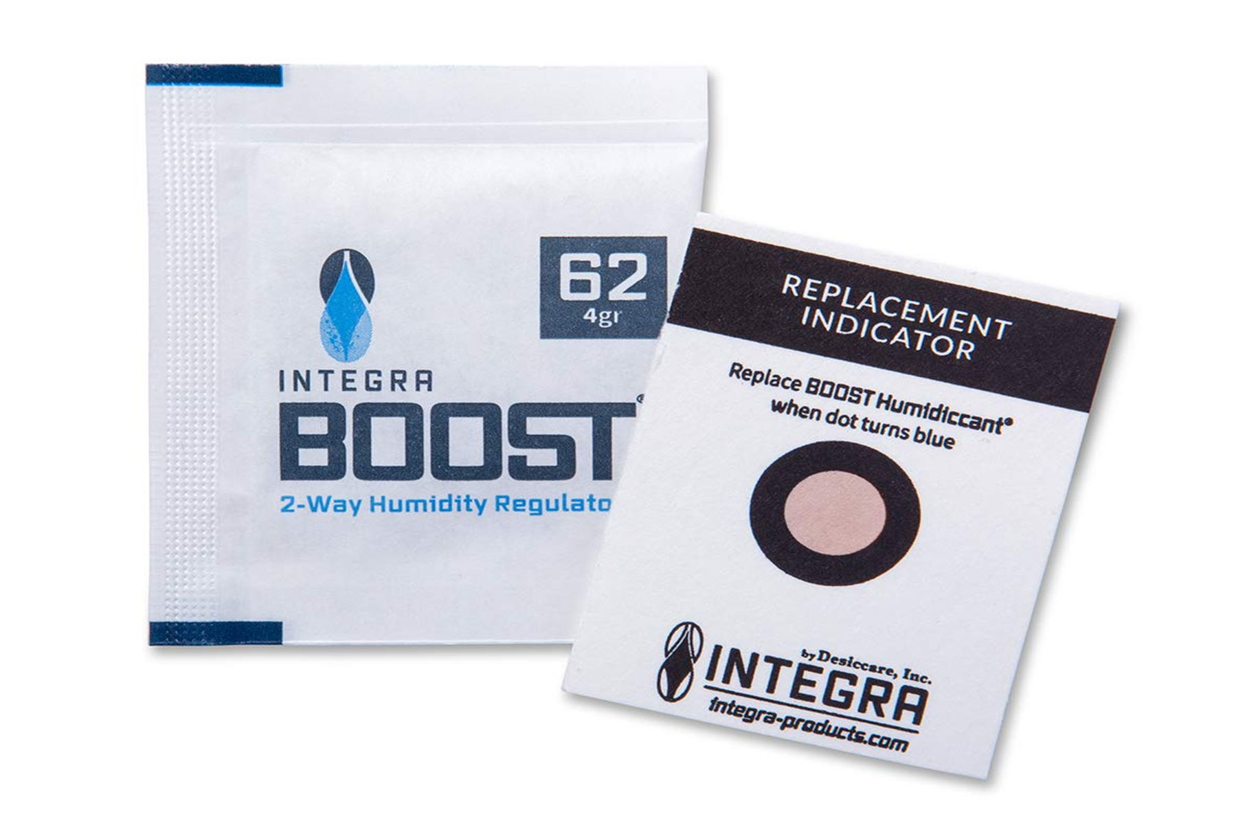 Preserve, prolong and protect herbal medicines, tobacco and cannabis supplies! Desiccare individually wrapped 8-gram Integra BOOST® 2-way humidity control packs with HIC's are retail packaged and available in 55%, 62%, 69% and 72% rH styles. FDA-compliant, 99% biodegradable, non-toxic and salt free.