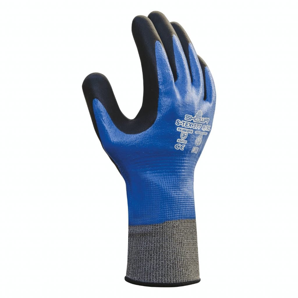 SHOWA® S-TEX® 377 Fully Coated Foam Nitrile Stainless Steel Cut-Resistant Glove, ANSI A4, Grey/Blue