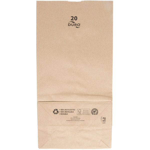 These Duro Bag® 8.25 x 5.31 x 16.12 Dubl Life® 40# 20lb SOS Brown Paper Bags with gusseted flat bottom are reusable, recyclable, BPI® compostable and SFI® sourcing certified. Sold 500 per bundle.