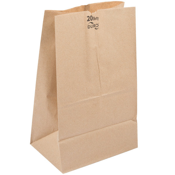 These Duro Bag® 8.25in x 5.93in x 13.62in Dubl Life® 40# 20lb Shorty SOS Brown Paper Bags with gusseted flat bottom and thumb notch are reusable, recyclable, BPI® and FSC® certified. Sold 500 per bundle.
